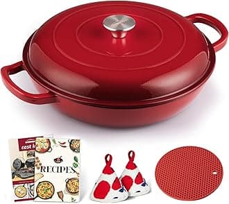 Enameled Cast Iron Dutch Oven - 3.8 Quart Dutch Oven Pot with Lid - Shallow Cookware Braising Pan - Cast Iron Casserole with Cookbook & Heat-Resistant Caps - Oven Safe up to 500° F Red