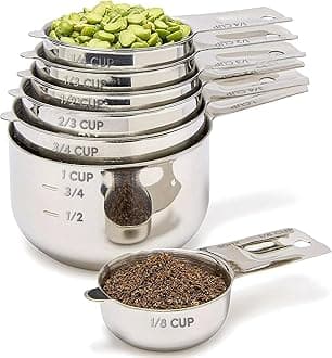 Simply Gourmet Measuring Cups 7 Piece Set With 1/8 Cup Coffee Scoop. Stainless Steel Measuring Cups That Nest For Easy Storage