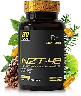 NZT-48 Brain Booster | Nootropic Brain Supplements for Memory and Focus | Premium Natural Energy Supplement with Caffeine, Phosphatidylserine, Vitamins B6 & B12, Ashwagandha | 30 Servings