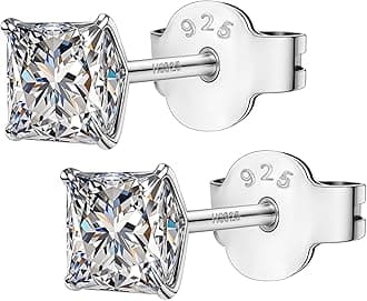 925 Silver Square Solitaire Stud Earrings | 92.5 Sterling Silver & Square Brilliant Cubic Zirconia Tops for Men Women Boys & Girls