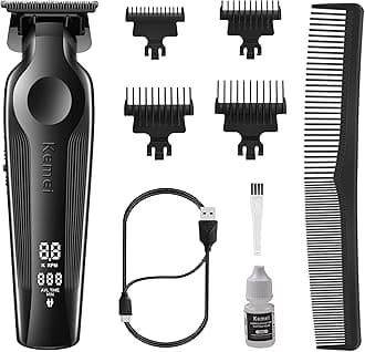 KEMEI Hair Trimmer for Men, Zero Gapped Cordless Hair Clippers Beard Trimmers with T Blade, Rechargeable Barber Clipper with LED Display, Black