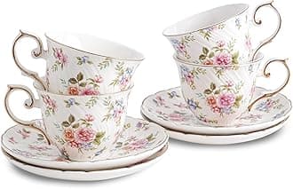 tea cups and saucers ceramic coffee mug 6oz for Coffee, Latte, Cafe Mocha and Tea-Set of 4, white with flowers
