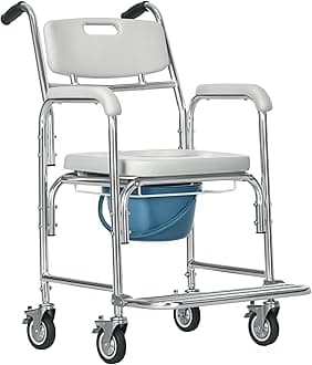 HOMCOM 3-in-1 Shower Commode Wheelchair, FSA/HSA Eligible Transport Beside Commode Chair, Waterproof Rolling Over Toilet Chair 330 lbs. Weight Capacity with Padded Seat, Gray