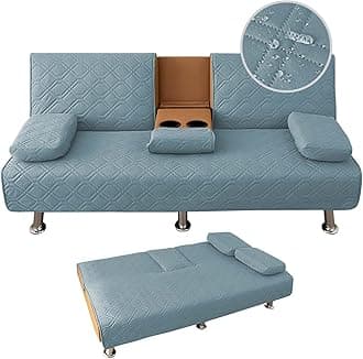 4 Pieces Click Clack Sofa Bed Cover 3 Seater, Quilted Convertible Folding Cover with 2 Removable Armrests and 1 Holders Covers (Haze Blue)