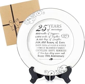 25th Anniversary Plate with Platinum Foil-25th Anniversary Wedding Gifts for Couple Silver Unique,25th Year Annivesary Marriage Gifts for Husband Wife Her Him,Ceramic Plate with Stand 9 Inch