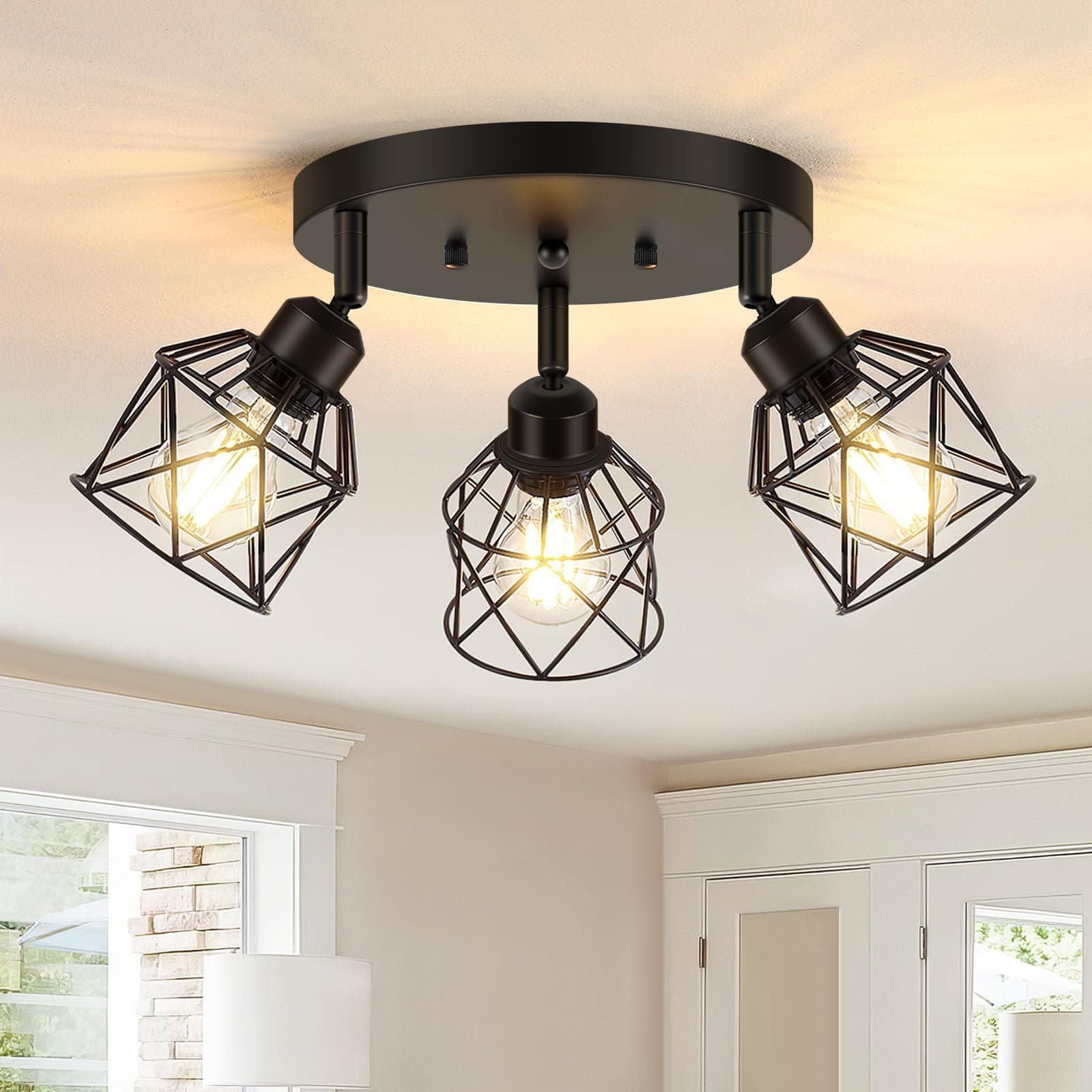 3-Light Kitchen Flush Mount Ceiling Light, Adjustable Multi-Directional Ceiling Light Fixture, Farmhouse Black Metal Cage Close to Ceiling Lamp for Dining Room Bedroom Hallway