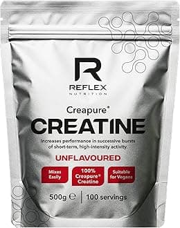 Reflex Nutrition Creapure® Creatine Monohydrate Powder Unflavoured - 100% Creatine for Strength, Muscle Gains & Recovery - No Fillers or Additives - 500g (Vegan Creatine 5g per Serving, 100 Servings)