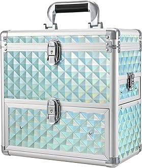 FRENESSA Extra Large Makeup Organizer Case Cosmetic Box Storage with Drawer Mirror Nail Manicure Accessory Organizer With Dividers Travel Nail Art Case for Makeup Artist Nail Tech Case Watery Blue