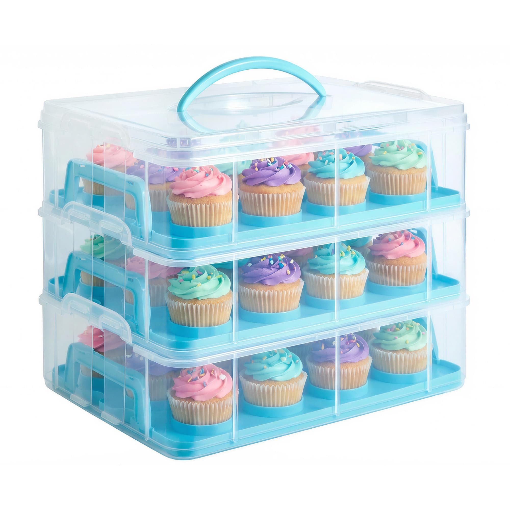 Cupcake Carrier with Handle, Blue Three Tier Stackable Cup Cake Box, 36 Muffin Cake Carrier with Airtight Snap Lid, Clear Plastic Baked Goods Container