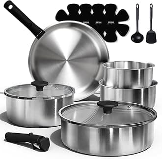 CAROTE Pots and Pans Set, Stainless Steel Cookware Set Detachable Handle, 15pcs Induction Kitchen Cookware Sets with Removable Handle, RV Cookware Set, Oven Safe