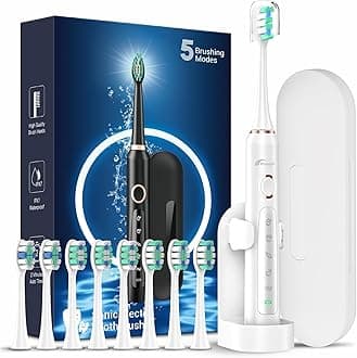 Rtauys M5 Sonic Electric Toothbrush for Adults - Rechargeable Electric Toothbrushes with 8 Brush Heads & Travel Case,Power Electric Toothbrush with Holder, 3 Hours Charge for 120 Days - White