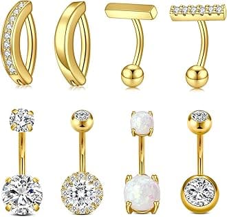 QWALITBelly Rings - Short Bar Belly Button Rings in Surgical Steel with Opal Stones - 6mm & 10mm