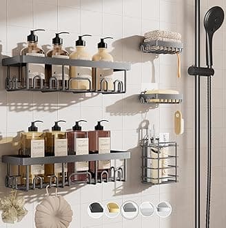 Adhesive Shower Caddy 5-Pack,Heavy Weight Bearing,Large Wall Mounted Shower Shelves Rack,Organizer Storage Accessories with Soap Dish&Toothbrush Holder,Ideal for Bathroom,Home&Kitchen,Light Grey