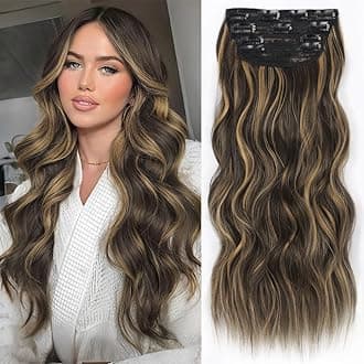 ALXNAN Clip in Long Wavy Synthetic Hair Extension 24 Inch Black&Dark mix light brown 4PCS Thick Hairpieces Fiber Double Weft Hair for Women