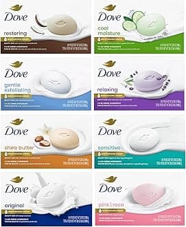 DoveBeauty Bar Soap 8 Pack - Variety of Cool Moisture, Sensitive, Shea Butter, Pink Rosa, Original, Gentle Exfoliating, Relaxing Lavender and Restoring Coconut 3.75 oz ea.
