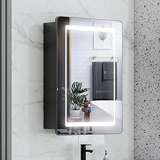 Bathroom Mirror Cabinets with LED Lights and Shaver Socket 50x70cm, Wall Mounted Bathroom Cabinet with 3 Colour Lighting, Anti Fog, Dimmer, Touch Switch, Glass Shelves, IP44, Matt Black