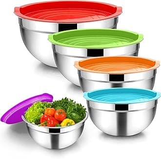 Stainless Steel Mixing Bowls with Airtight Lids, 5 Piece Nesting Salad Bowls for Space-Saving Storage, Metal Serving Bowl for Kitchen Baking/Cooking/Prepping, Size 0.7/1/1.5/2.6/4.6QT