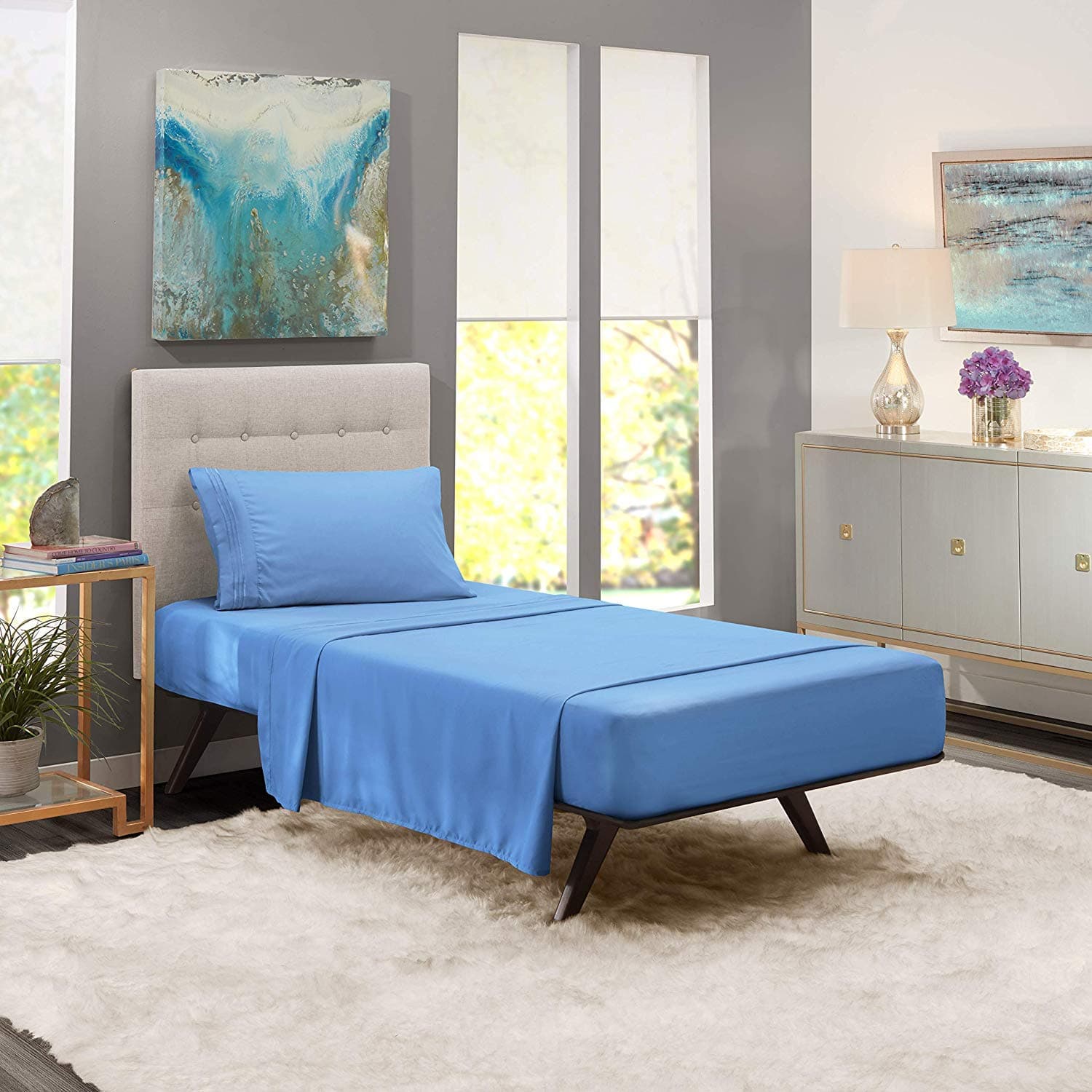 iBed Home Solid Bedsheets 2 Pieces Bedding Set, Single Size, 160x240cm, Dark Sky Blue, FLTSNGL5