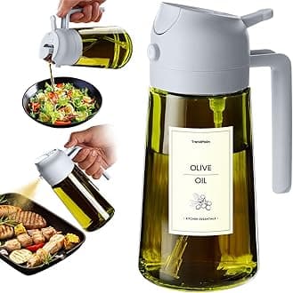 TrendPlain 470ml Olive Oil Spray Bottle - 2 in 1 Olive Oil Dispenser Bottle for Kitchen Accessories - Kitchen Gadgets, For Air Fryer - with Stickers, Light Blocking - Ash