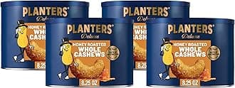 PLANTERS Deluxe Honey Roasted Whole Cashews, Sweet and Salty Snacks, 8.25oz (1 Canister) (Pack of 4)
