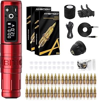 Tattoo Kit - Ambition Complete Wireless Tattoo Machine Kit 1950mAh Digital LED Display Power Supply with 40pcs Tattoo Cartridges Needles Ink Cup Gloves Bandage for Professional Tattoo Artists