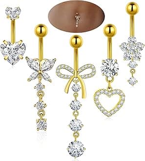 Belly Button Ring Dangle Navel Belly Piercing Jewelry Cute Pink CZ Heart Butterfly Bow Flower Navel Belly Rings for Women 14G Silver Stainless Steel Dainty Dangly Dangling Belly Button Piercing