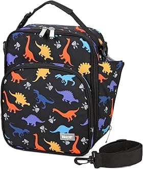 VASCHY Kids Lunch Bag, Insulated Reusable Lunch Box for Boys with Removable Shoulder Strap for School, Black Dinosaur