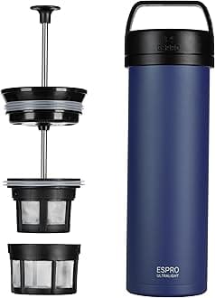 – P0 Ultralight Travel Cafetiere French Press Vacuum Insulated Stainless Steel Dishwasher Safe, 16 Ounces, Brushed Stainless Steel