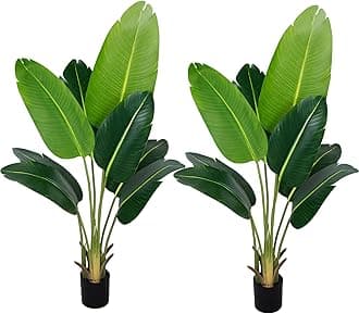 Artificial Bird of Paradise Plant 4Ft Fake Tropical Palm Tree with 8Trunks Faux Banana Leaf Trees in Pot for Home Indoor Outdoor Office Modern Decor Housewarming Gift（2Pcs）