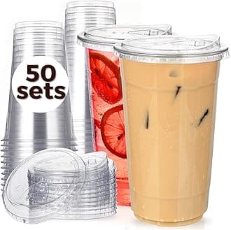 32 oz Clear Plastic Cups with Strawless-Sip-Lids, 50 Sets Disposable Cups Plastic Iced Coffee Cups, To Go Cups with Sip Through Lids for Smoothie, Milkshake, Cold Drinks for Party, Wedding, Event
