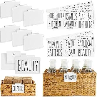 Storage Bin Label Holder Set - Easy-On Clip-On Tags for Storage Bins - 70 Preprinted Pantry Labels for Containers & Baskets - 8-Pack, 3.5" x 2.5", White