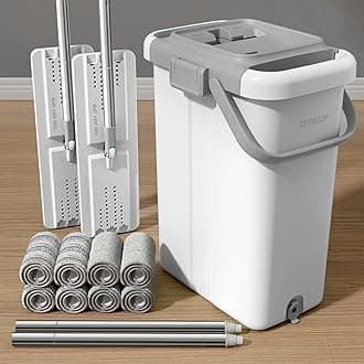 JOYMOOP Mop and Bucket Set for Floor Cleaning and Wall Cleaner, Flat Mop and Bucket System Set (White, White X-Large Bucket #5 + 60" Dual Mops + 8 Pads)