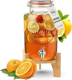 – Glass Drink Dispenser with Tap – 5L Mason Jar Beverage Container with Stainless Steel Spigot – Water Dispenser with Tap for Juice, Iced Tea, Cocktail, Picnic, BBQ, Parties, Counter