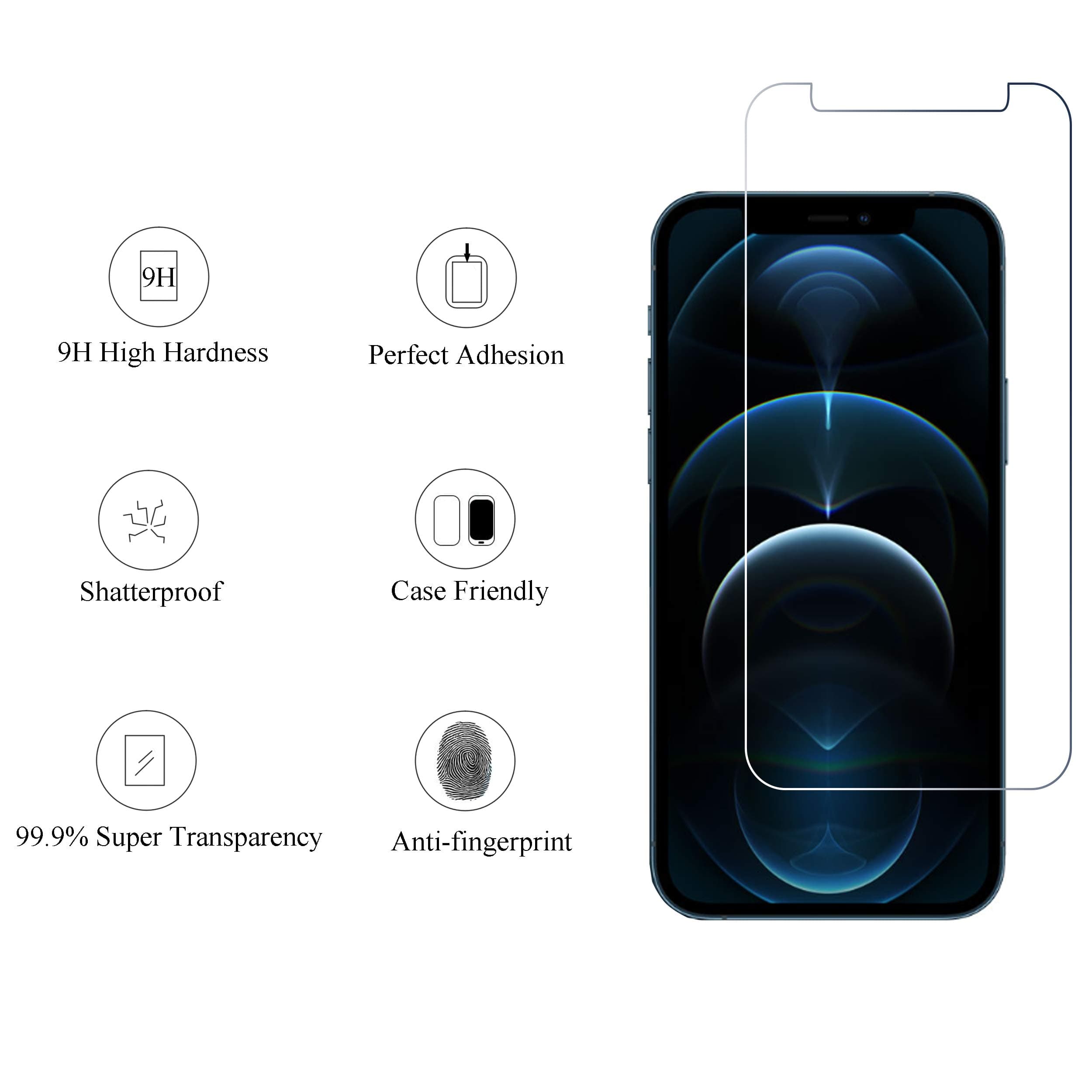 Ailun 2 Pack Screen Protector for iPhone 12 Pro [6.1 inch] + 2 Pack Camera Lens Protector Tempered Glass Film [9H Hardness] - HD