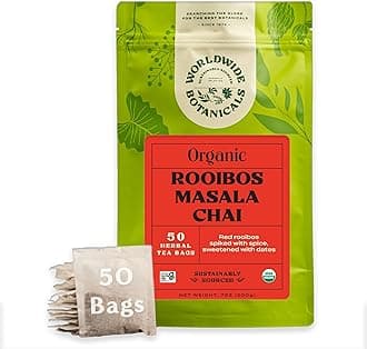 Worldwide Botanicals Rooibos Masala Chai Herbal Tea, 50 Tea Bags - Organic, Caffeine Free, Kosher, 50% More Herbs - 50 Tagless Eco-Friendly Tea-Bags