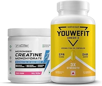 Wellcore Creatine with Omega 3 Capsules Triple Strength (Creatine 307g Fruit Fusion & 30 Capsules Omega) | 1250mg Triple Strength | EPA + DHA | Enhanced Muscle Strength |