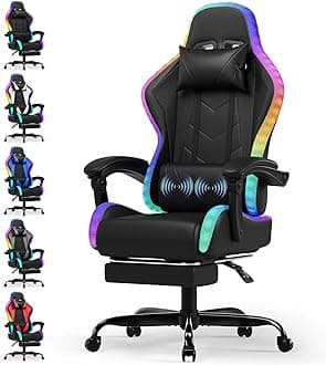 LED Gaming Chair with Footrest – Ergonomic Reclining Game Chair for Adults with Massage Lumbar Cushion, RGB Lights, High Back, Adjustable PC Gamer Chair, Black