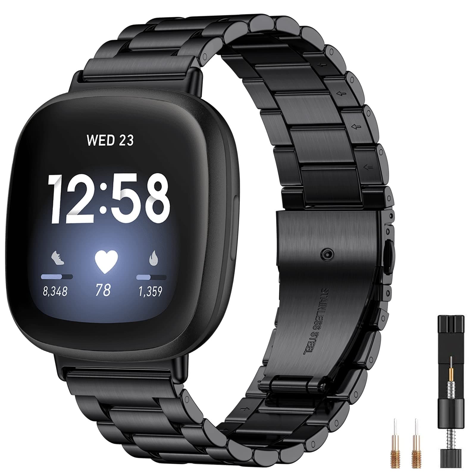 CeMiKa Strap Compatible with Fitbit Versa 3 Strap/Fitbit Sense Strap, Adjustable Stainless Steel Metal Replacement Strap with Double Folding Clasp for Fitbit Versa 3/Sense, Men Women