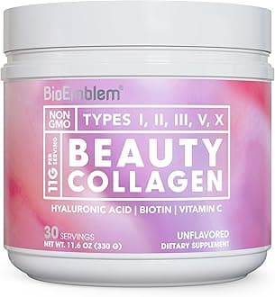 Beauty Collagen - 11G Hydrolyzed Multi-Collagen Peptides, Hyaluronic Acid, Vitamin C & Biotin - Bovine, Fish & Eggshell Membrane Collagen - Skin, Hair, Nail, & Joint Health - 30 Servings