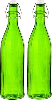 MACHAKColhexa Glass Bottles With Cork 1litre, Kitchen Decoration (Green, 2 Pcs)