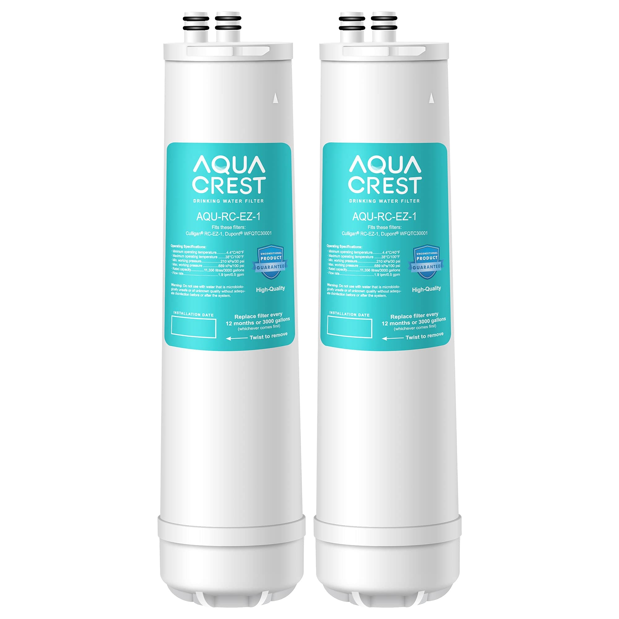 AQUA CREST RC 1 EZ-Change Basic Water Filtration Replacement, Replacement for Culligan® IC-EZ-1, US-EZ-1, RV-EZ-1, Brita® USF-201, USF-202, DuPont® WFQTC30001, WFQTC70001, 3K Gallons (Pack of 2)