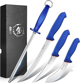 4 Piece Butcher Knife Set Brisket Trimming Set Include 6" Boning Knife, 6" Skinning Knife, 10" Butcher Breaking Knife and 10" Sharpening Steel