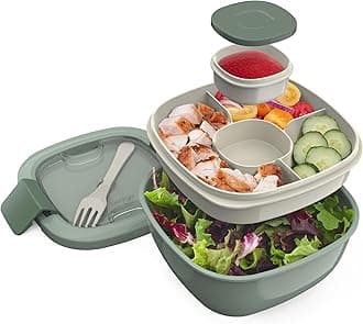 Bentgo Salad Lunch Container, BPA Free, Large 54oz Bowl, 4 Compartments, Bento Style Tray for Salad Toppings and Snacks, 3 oz Sauce Container for Dressin, Built-in Reusable Fork (Khaki Green)