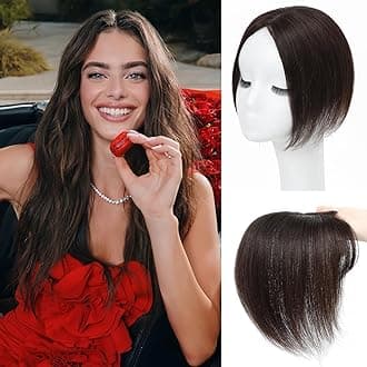 Hair Toppers for Women Real Human Hair， 360°3D Cover Toppers Hairpieces for Women with Thinning Crown Wispy Clip in Bangs Realistic Scalp Hairline (Dark Brown, Side Bangs)