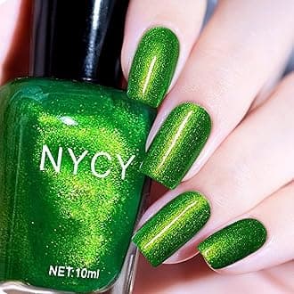 COSMOO Glitter Emerald Green Nail Polish, 12ml Bright Green High Glossy Quick Dry Nail Lacquer, Shimmer Art Varnish, 0.41fl oz