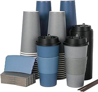 LITOPAK 100 Pack 20 oz Disposable Paper Coffee Cups with Lids, Sleeves and Stirring Sticks for Hot Coffee, Water or Juice, Blue and Gray Hot Paper Cups for Cafes, schools, offices, shops