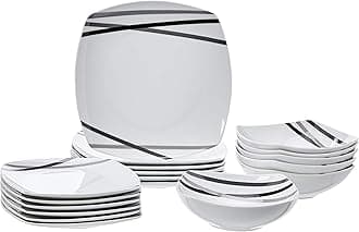 18 Piece Kitchen Dinnerware Set, Dishwasher and Microwave Safe, Square Plates, Bowls, Service for 6, Modern Beams