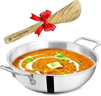The Indus Valley Triply Stainless Steel Kadai/Kadhai with Free Wooden Flip | Very Small, 20.3cm/8 inch, 1.7Ltr, 1kg | Induction Friendly | Nonstick 3-Layer Body, 100% Toxin-Free, No Chemical Coating