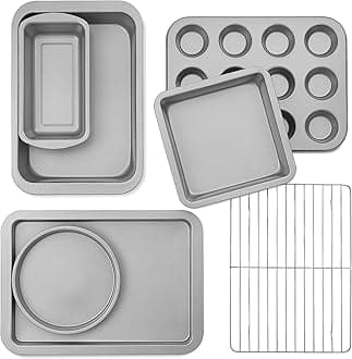 KITESSENSUBaking Pans Sets, Nonstick Bakeware Set 7-Piece with Round/Square Cake Pan, Loaf Pan, Muffin Pan, Cookie Sheet, Roast Pan, Cooling Rack, Carbon Steel Bake Set,Silver