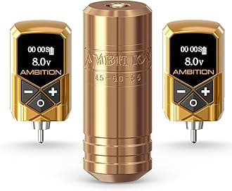 Ambition Torped 36mm Rotary Tattoo Pen Machine Kit, 5.5mm Stroke Brushless Motor Tattoo Gun with 2pcs 2400mAh Kuark Battery Wireless Tattoo Power Supply Kit for Professional Tattoo Artists(Gold)